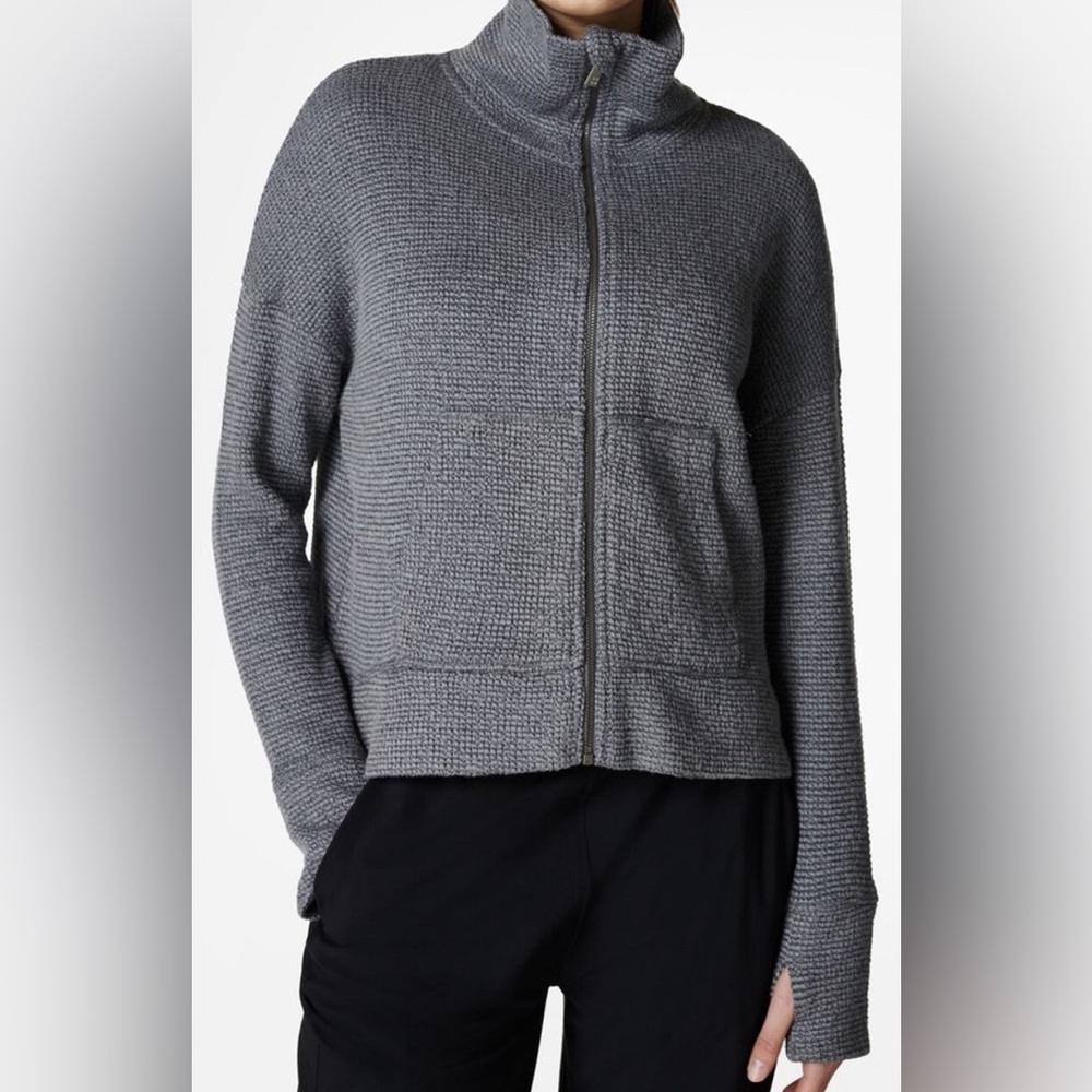 Sweaty Betty Restful Boucle Zip Through‎ Jacket in charcoal marl Small